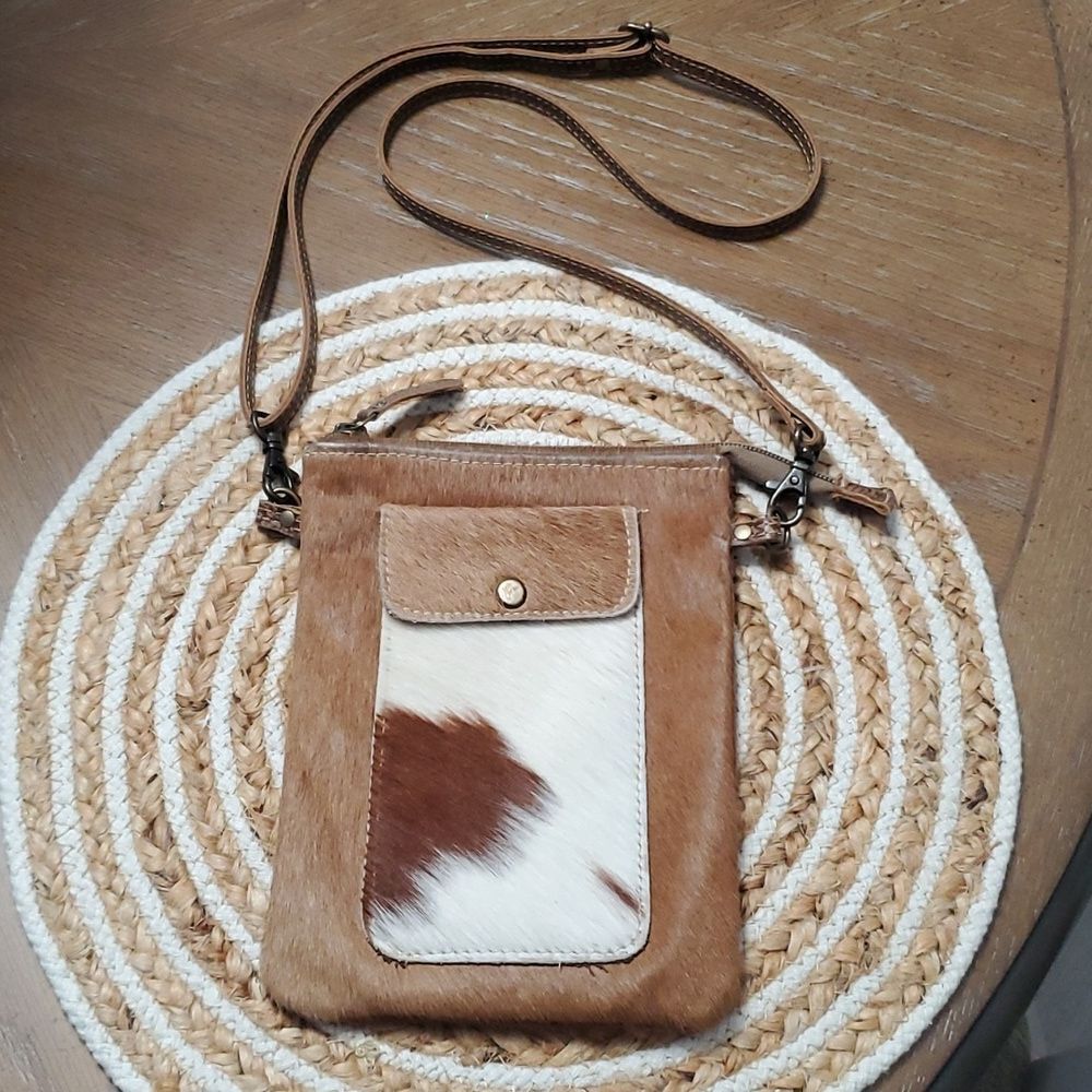 Myra Bag Cow Print White Brown Calf Fur Crossbody Women's Handbag